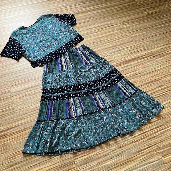 Patchwork Print Maxi Skirt 2pc Set with Top Crinkle Fabric Casual Studio - Picture 8 of 8